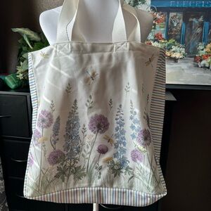 Floral Canvas Tote with Striped Accents